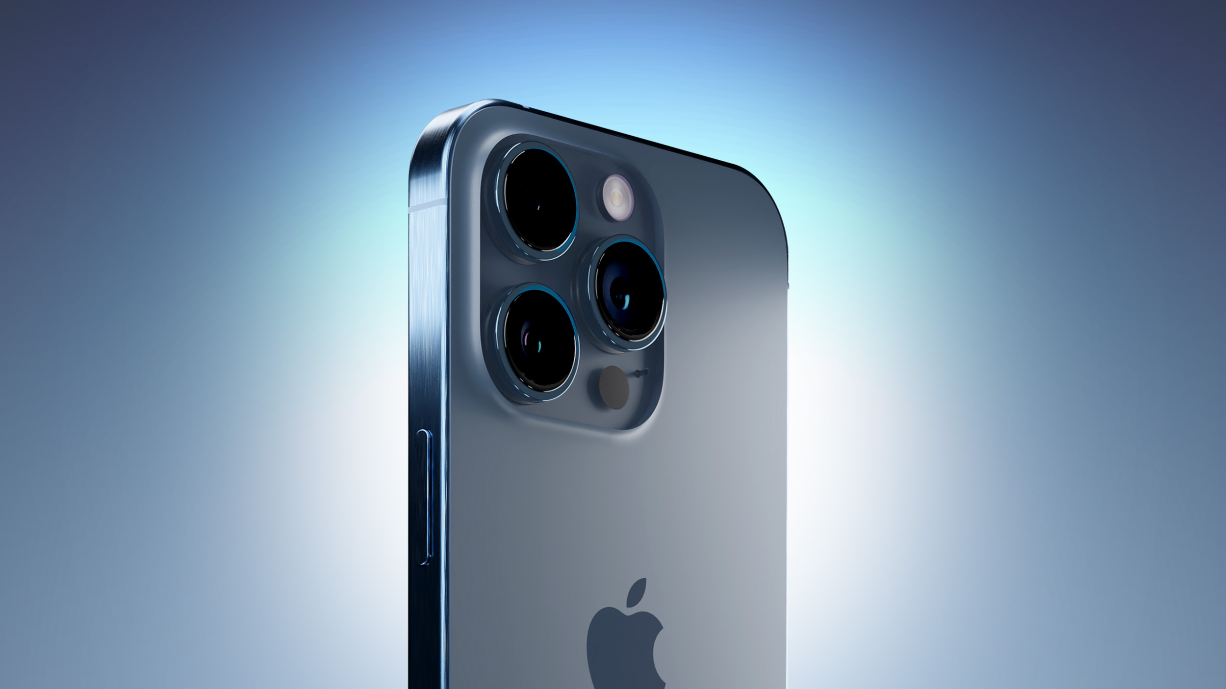 iPhone 15 Blue Three Quarters Perspective Camera Closeup Feature